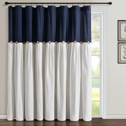 Lush Decor Linen Button Window Curtain Panel, Single, 100" W x 84" L, Navy & White - Country Curtains - Rustic Decor - Color Block Modern Farmhouse Curtains For Living Room, Bedroom & Dining Room