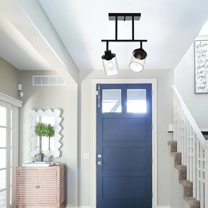 2 Light Track Lighting Kit, Black Bathroom Wall Lights with Clear Glass Shade, Ceiling Spot Lighting with Flexibly Rotatable Light Head for Kitchen Living Room Hallway