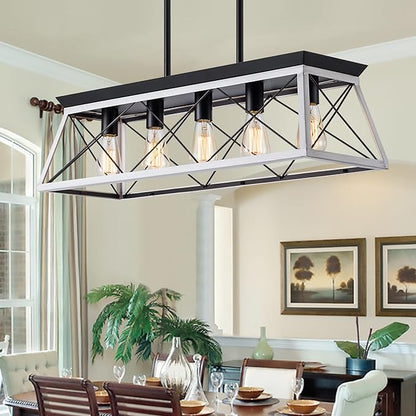 5-Light Pendant Lights Fixture, Farmhouse Chandeliers for Dining Room, Rustic Island Lights for Kitchen, Rectangular Chandelier Rustic Farmhouse Light Fxiture