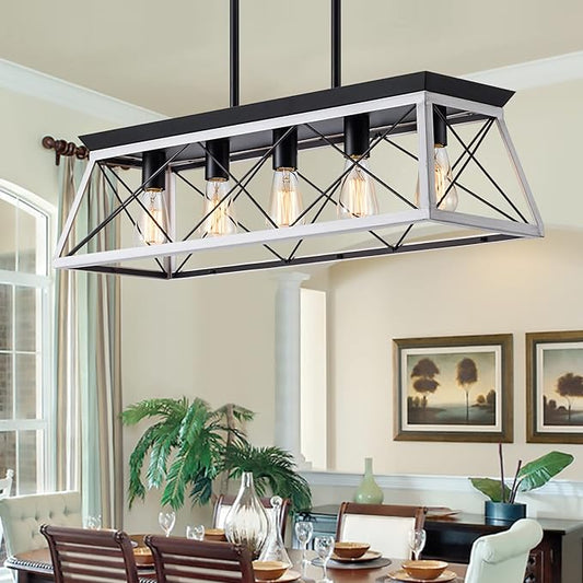 5-Light Pendant Lights Fixture, Farmhouse Chandeliers for Dining Room, Rustic Island Lights for Kitchen, Rectangular Chandelier Rustic Farmhouse Light Fxiture