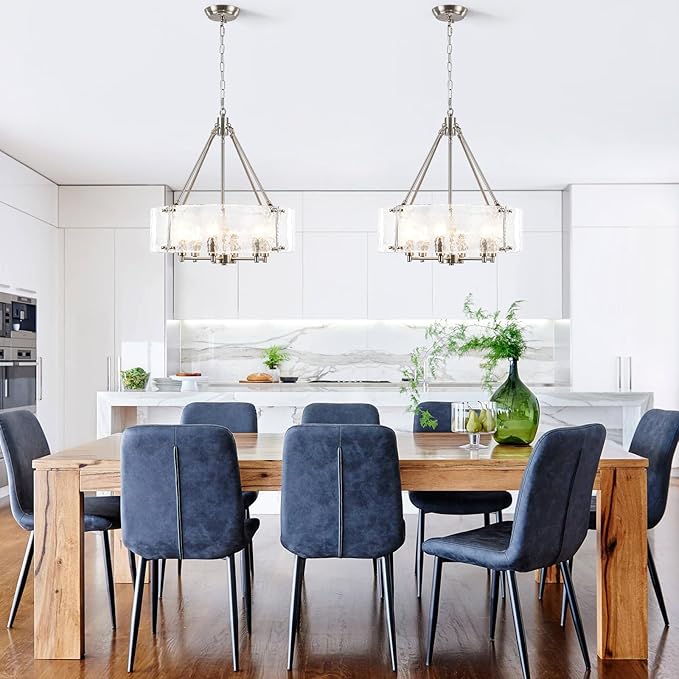 Modern Brushed Nickel Glass Chandelier for Dining Room,19.69 inch Textured Crystal Drum Farmhouse Chandelier Light Fixture for Dining Room Kitchen Island Living Room Bedroom Foyer