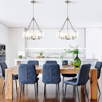 Modern Brushed Nickel Glass Chandelier for Dining Room,19.69 inch Textured Crystal Drum Farmhouse Chandelier Light Fixture for Dining Room Kitchen Island Living Room Bedroom Foyer