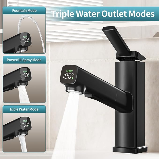 HANLIAN Pull Out Bathroom Faucet 1 Hole with Digital Temperature Display, Single Lever Bathroom Sink Faucet with Pull Down Sprayer, 3 Modes Single Handle Vanity Faucets One Hole with Swivel Spout