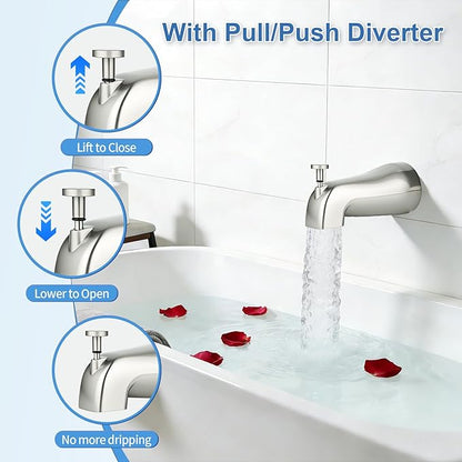 Universal Tub Spout with Diverter, Fits 1/2" Slip on Copper Pipe and 1/2" IPS & 3/4" IPS Threaded, Bathroom Tub Faucet Replacement, Bathtub Spout with Adapter and Hex Wrench (Brushed Nickel)