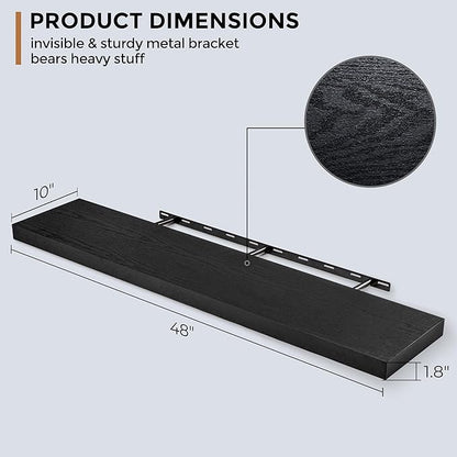 Floating Shelves - 10.3 Inch Deep Wall Shelf for Decor & Storage - Wall Mounted Display Shelving with Invisible Heavy-Duty Metal Bracket - 48" W x 10.3" D x 1.8" H - Set of 1 - Rustic Black