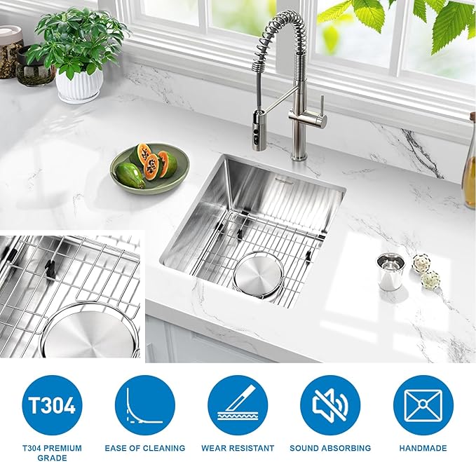 Bar Sink Undermount 13x15 Inch, Stainless Steel Small Kitchen Sink, Handmade Single Bowl Wet Bar Sinks with Grid for RV, Camper (Brushed)