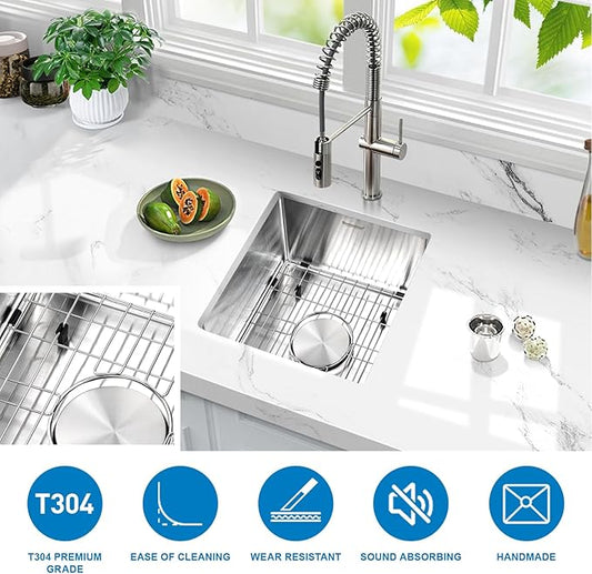Bar Sink Undermount 13x15 Inch, Stainless Steel Small Kitchen Sink, Handmade Single Bowl Wet Bar Sinks with Grid for RV, Camper (Brushed)