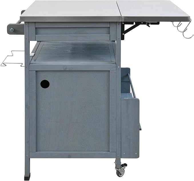 YOPTO 40.5" Outdoor Grill Cart,Stainless Steel Top,Fir Wood Cabinet,Drop Leaf,Lockable Wheels,Ample Storage,Towel Rack,Spice Rack,Bottle Opener,Blue Grey