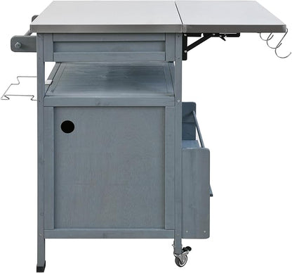 YOPTO 40.5" Outdoor Grill Cart,Stainless Steel Top,Fir Wood Cabinet,Drop Leaf,Lockable Wheels,Ample Storage,Towel Rack,Spice Rack,Bottle Opener,Blue Grey