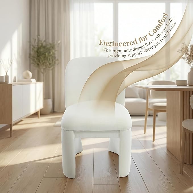 Hyfirm Modern Upholstered Dining Chairs Set of 4, Linen Accent Side Dining Chairs Armless Kitchen Chairs with Curved Back Parsons Chairs for Kitchen Dining Room Living Room, White