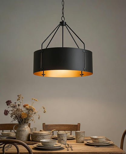 Drum Chandeliers for Dining Room,22 in Black and Gold Metal Dining Room Light Fixture Over Table, Industrial Modern Farmhouse Pendant Light for Kitchen,Entryway,Living Room
