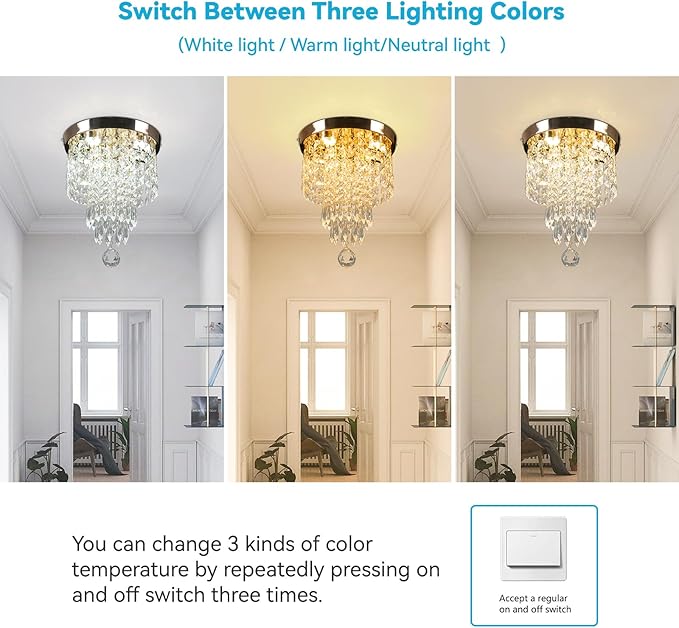 Flush Mount Crystal Chandelier 9.8" – Modern Gold Ceiling Light with LED 3-Color K9 Raindrop Crystals for Bedroom, Dining Room, Entryway, Hallway