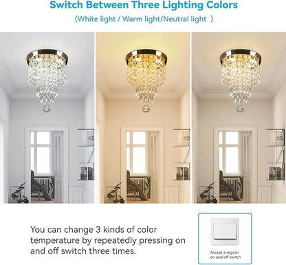 Flush Mount Crystal Chandelier 9.8" – Modern Gold Ceiling Light with LED 3-Color K9 Raindrop Crystals for Bedroom, Dining Room, Entryway, Hallway