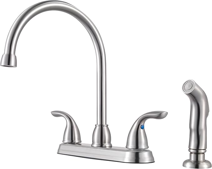 Pfister Pfirst Series 2-Handle High Arc Kitchen Sink Faucet with Side Sprayer, Stainless Steel Finish, 4 Hole Installation, Ceramic Disc Valve Technology, 360 Degree Swivel G136500S