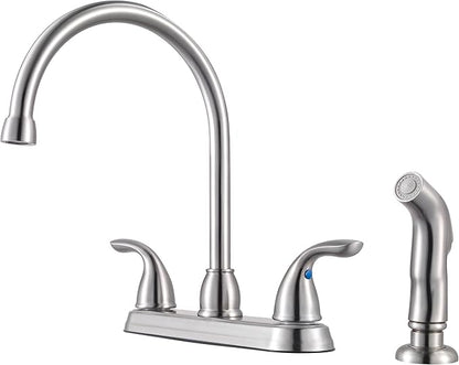 Pfister Pfirst Series 2-Handle High Arc Kitchen Sink Faucet with Side Sprayer, Stainless Steel Finish, 4 Hole Installation, Ceramic Disc Valve Technology, 360 Degree Swivel G136500S