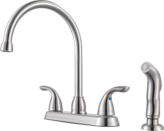 Pfister Pfirst Series 2-Handle High Arc Kitchen Sink Faucet with Side Sprayer, Stainless Steel Finish, 4 Hole Installation, Ceramic Disc Valve Technology, 360 Degree Swivel G136500S
