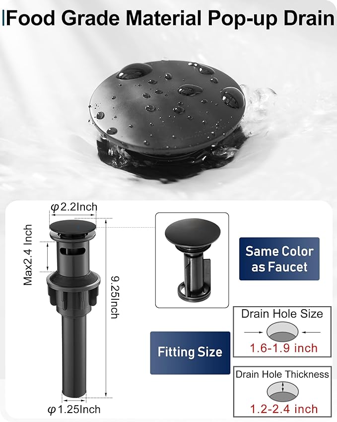 Waterfall Bathroom Faucet Black, Brass 1 Hole Bathroom Faucets Single Handle, 3 Holes 4 Inch with Pop-up Drain, Deck Plate & Supply Hoses for Vanity Lavatory RV, 5 Mins Quick Installation