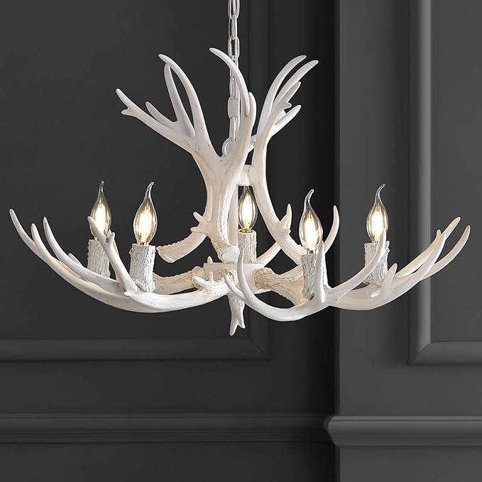 JONATHAN Y 30" White Rustic Resin Antler 5-Light LED Chandelier, Farmhouse Faux Deer Horn Hanging Ceiling Light for Dining Room, Kitchen Island, Adjustable Light Fixture (JYL6300B)