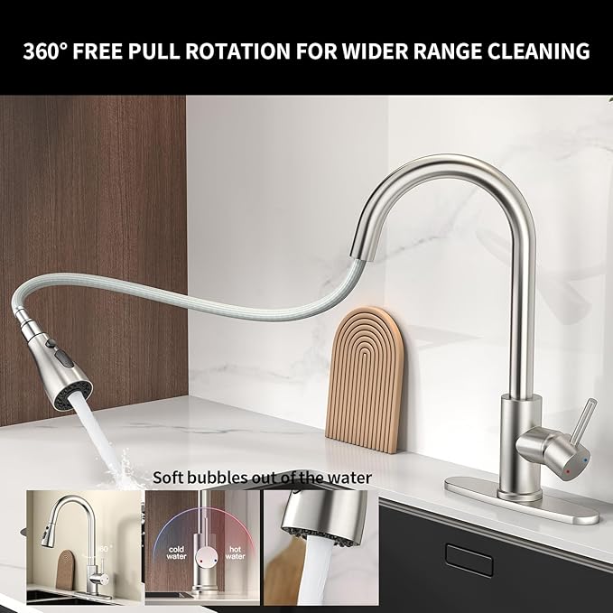 Kitchen Faucet with Pull Down Sprayer,Stainless Steel Single Handle Kitchen Faucet,1/3 Hole,Deck Plate Included，Suitable for farmhouses, Campers, Laundry Rooms, RVs, and Bars (Brushed Nickel)