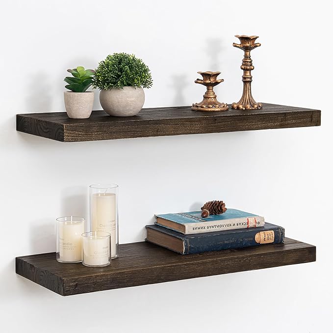 Acovy Extra Deep 24" Long Rustic Solid Wood Floating Shelves for Wall, Wall Shelves with Invisible Bracket for Living Room Bathroom Bedroom Kitchen, Set of 2, Walnut