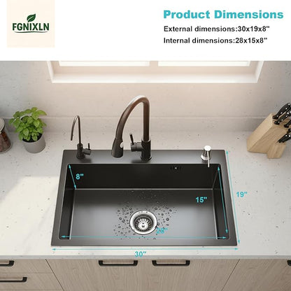 Drop In Kitchen Sink with Faucet Combo18 Gauge Stainless Steel Single Bowl Kitchen Sink Large Deep Round Corner Handmade Topmount Overmount Basin Kitchen Sinks (30"x19")