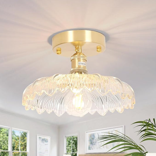 Shenmoyl Semi Flush Mount Ceiling Light, Gold Hallway Vintage Fixture With Clear Flower Glass, Bulb Included, 4.72" Base Modern Light for Porch Corridor Kitchen Bedroom