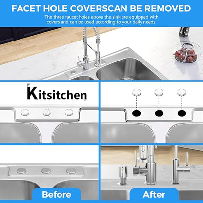 Kitsitchen 33x22-Inch Drop-in Stainless Steel 50/50 Double Bowl Kitchen Sink with Strainer, Top Mount Double Bowl Kitchen Sinks with 3 holes (33" X 22"X 9")