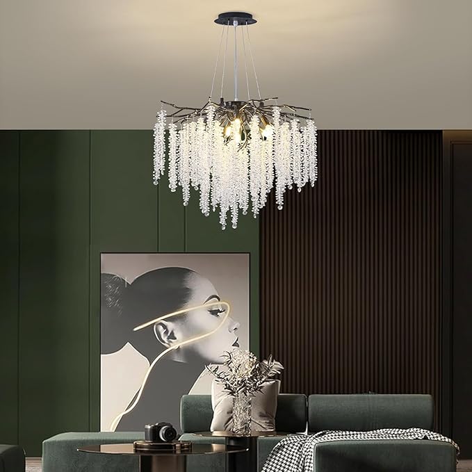 Crystal Tree Branches Chandeliers Luxury Round Raindrop Pendant Light Fixture 8 Light Ceiling Hanging Light for Dining Room Bedroom Living Room Entryway 23.7" Black