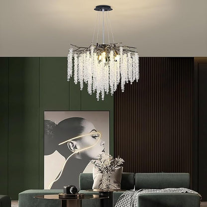Crystal Tree Branches Chandeliers Luxury Round Raindrop Pendant Light Fixture 8 Light Ceiling Hanging Light for Dining Room Bedroom Living Room Entryway 23.7" Black