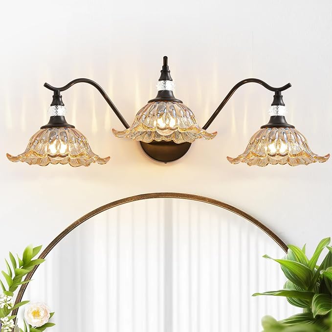 Vintage Bathroom Vanity Light Fixtures - 3 Light Antique Matte Black Bathroom Lights Fixture Over Mirror with Amber Flower Glass,Retro High End Wall Mounted Vanity Lighting for Bath Powder Room