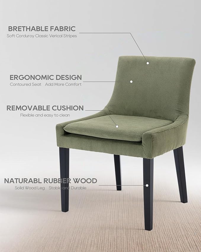 Dining Chairs Set of 6 – Extra Wide & Padded Corduroy Dining Chairs with Solid Wood Legs, High-Density Foam Cushion, Mid-Back Modern Kitchen Chairs for Comfortable Everyday Use