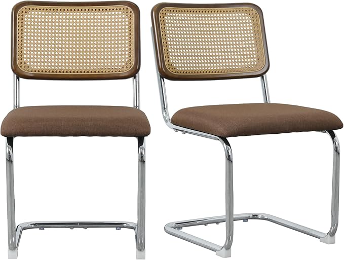 Linen Dining Chair Set of 2 Arched Rattan Square Back Stainless Chrome Base Upholstered Side Chair for Dining Room, Kitchen Island,Coffee