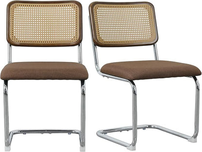 Linen Dining Chair Set of 2 Arched Rattan Square Back Stainless Chrome Base Upholstered Side Chair for Dining Room, Kitchen Island,Coffee