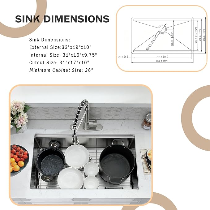 WHaor 33 Inch Kitchen Sink Undermount, 33x19 Stainless Steel Undermount Sink Ledge Workstation 16 Gauge Deep Single Bowl Handmade Under Counter Basin with Cutting Board
