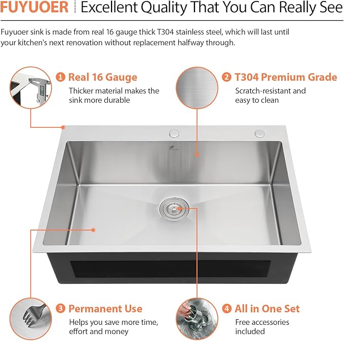 33 Drop In Kitchen Sink - Fuyuoer 33x22 inch Drop in Stainless Steel Sink 16 Gauge Single Bowl 10'' Deep Large Topmount Kitchen Sinks Over Mount, Round Corners