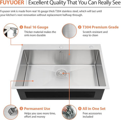 33 Drop In Kitchen Sink - Fuyuoer 33x22 inch Drop in Stainless Steel Sink 16 Gauge Single Bowl 10'' Deep Large Topmount Kitchen Sinks Over Mount, Round Corners