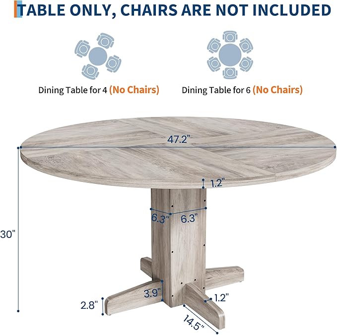 IDEALHOUSE Round Dining Table for 4-6 People, 47" Wood Kitchen Table with Sturdy Pedestal Base, Farmhouse Circle Dinner Tables for Dining Room, Living Room, Apartment, Grey