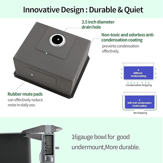 Undermount Kitchen Sink, 21 x 18 x 10 Inch Single Bowl Undermount Sink 16 Gauge T-304 Stainless Steel Gunmetal Black Kitchen Sinks
