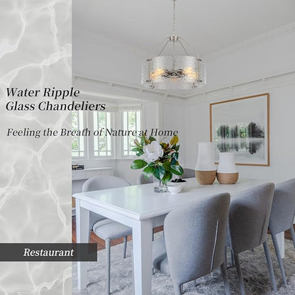 Glass Drum Chandelier for Dining Room 20'' Brushed Nickel Living Room Light Fixture 5-Light Kitchen Chandeliers Over Table Bedroom Light Fixture for Dining Room Hallway Foyer Kitchen