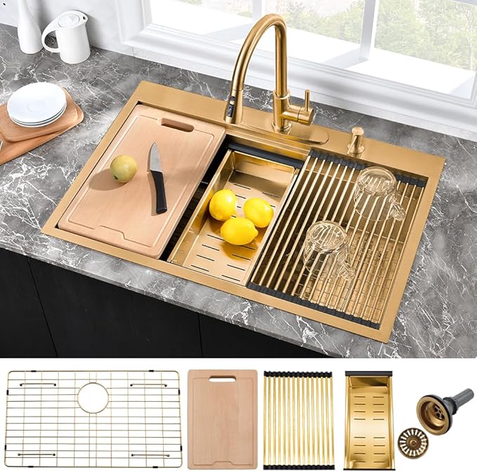 33 Inch Gold Kitchen Sink Drop In Workstation-Hovheir 33x22 Drop In Top Mount Kitchen Sink 16 Gauge Stainless Steel Single Bowl Deep Brushed Gold Sinks with Cutting Board