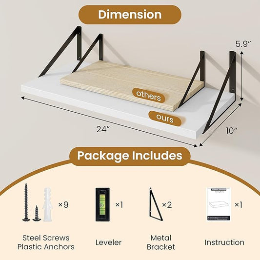 Acovy Deep Floating Shelves,24" Wx10 D Floating Shelf for Wall Set of 2,Hanging Storage Shelf with Metal Brackets,Wide Display Wall Shelves for Living Room,Bedroom,Bathroom,Kitchen,White