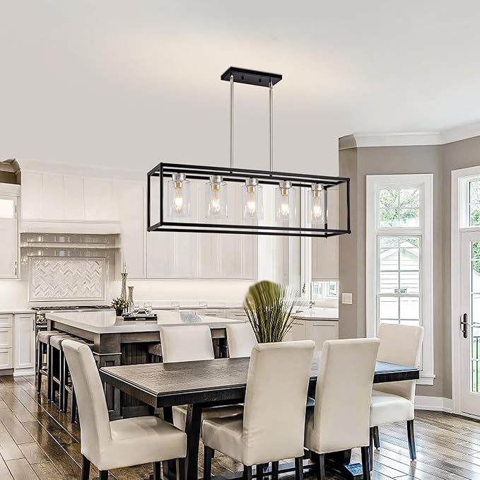 5 Light Dining Room Light Fixture Modern Farmhouse Chandeliers Over Table Black & Brushed Nickel Rectangular Pendent Lighting for Kitchen with Glass Shade Hanging Industrial Ceiling Light