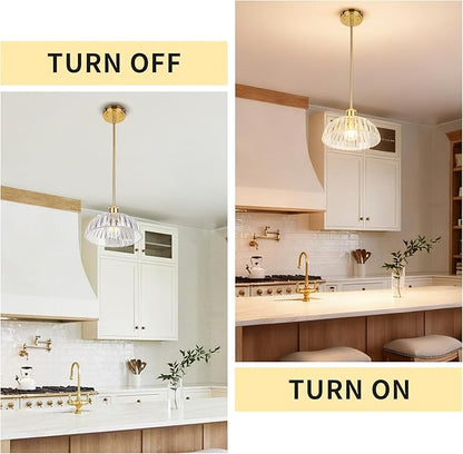 JYO 10" Gold Pendant Light, Vintage Single Pendant Light Fixtur with Ribbed Glass, Pendant Light for Kitchen Island Bedroom Hotel Living Room