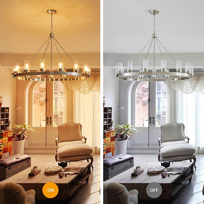 WUZUPS 15-Light Wagon Wheel Chandelier Large Rustic Farmhouse Industrial Round Pendant Light Fixture with Clear Seeded Glass Shades for Dining Room Kitchen Island, H 29.5" x W 46.5", Brushed Nickel