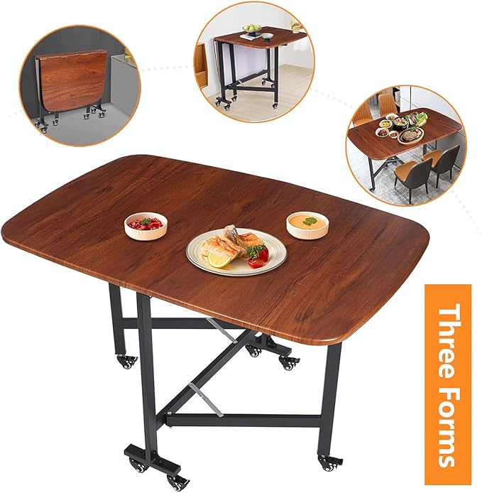 Folding Dining Table, Solid Wooden Foldable Kitchen Table with 6 Wheels, Living Room, Brown Drop Leaf Dining Table for 4-8, Multifunction Expandable Folding Table for Small Spaces Kitchen, Bedroom