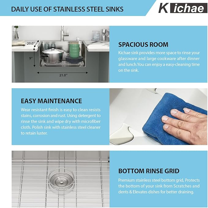 Kichae 21 Drop In Bar Sink- 21x20 Kitchen Sink Stainless Steel 16 Gauge Bar Prep Sinks Small Overmount Topmount Ledge Workstation Single Bowl Handmade Basin with Cutting Bowl