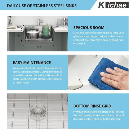 Kichae 21 Drop In Bar Sink- 21x20 Kitchen Sink Stainless Steel 16 Gauge Bar Prep Sinks Small Overmount Topmount Ledge Workstation Single Bowl Handmade Basin with Cutting Bowl