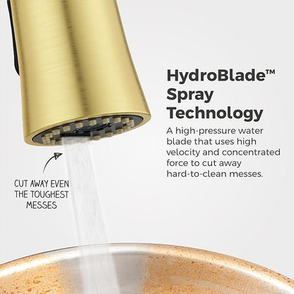 Pfister Alderwood Kitchen Faucet with Pull Down Sprayer and Soap Dispenser Single Handle High Arc Spout Brushed Gold Finish NSF Certified 1 or 3 Hole Installation F5297AWBG