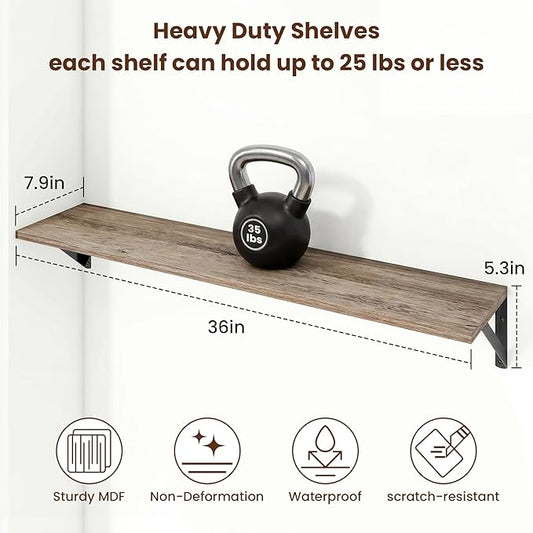 Axeman 36 Inch Floating Shelves | 8 Inch Deep Grey Wall Shelves Set of 2 | 36''W x 8''D Rustic Grey Wood Shelves for Bathroom Living Room Bedroom Kitchen