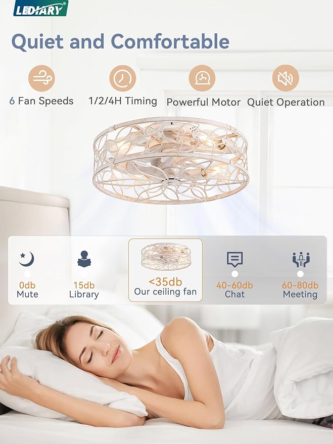 LEDIARY 20 Inch Caged Ceiling Fans with Lights, White Flush Mount Ceiling Fan with Remote&App, Low Profile Bladeless Ceiling Fan Light Fixture for Bedroom, Kitchen, Dining Room-White Gold Color